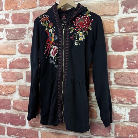 Johnny Was Jacket Women's L Black Embroidered Floral Bird Zip Up Casual Hoodie - Picture 3 of 11